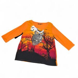 ONQUE CASUALS XL Orange Silver Sequin Owl Halloween Bats 3/4 Sleeve Blouse Top